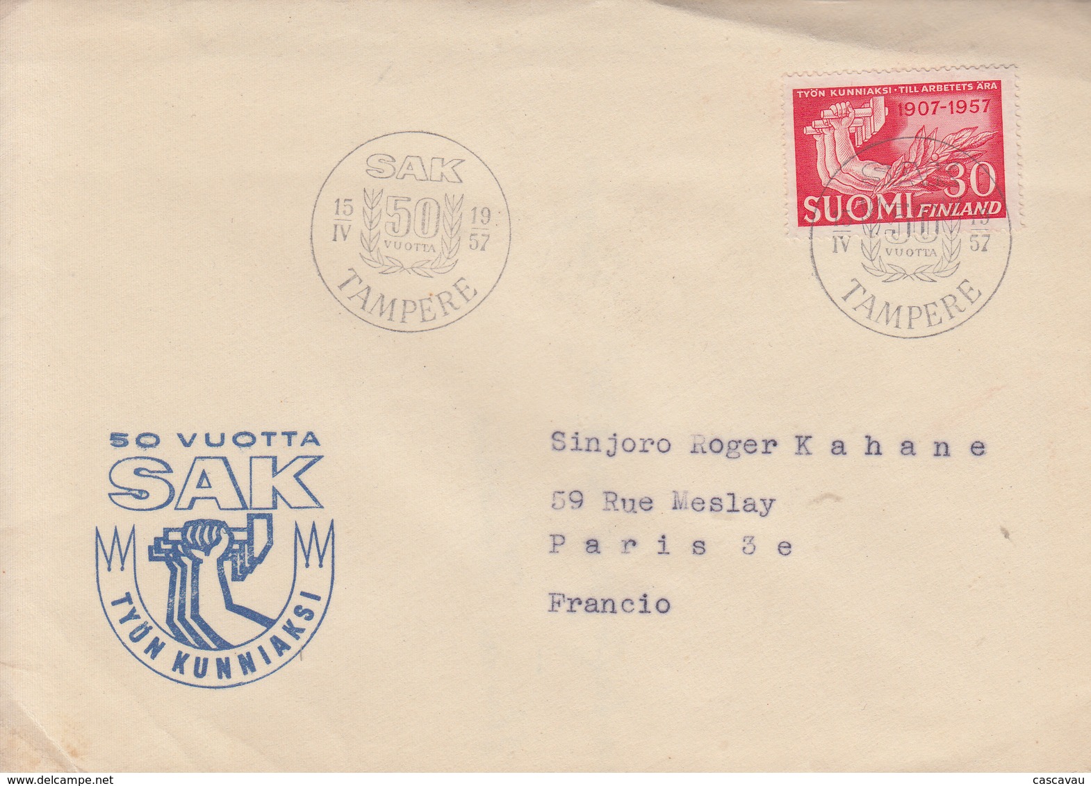 Enveloppe  FDC  1er  Jour    FINLANDE   Cinquantenaire  Du  Syndicalisme  Ouvrier   1957 - FDC