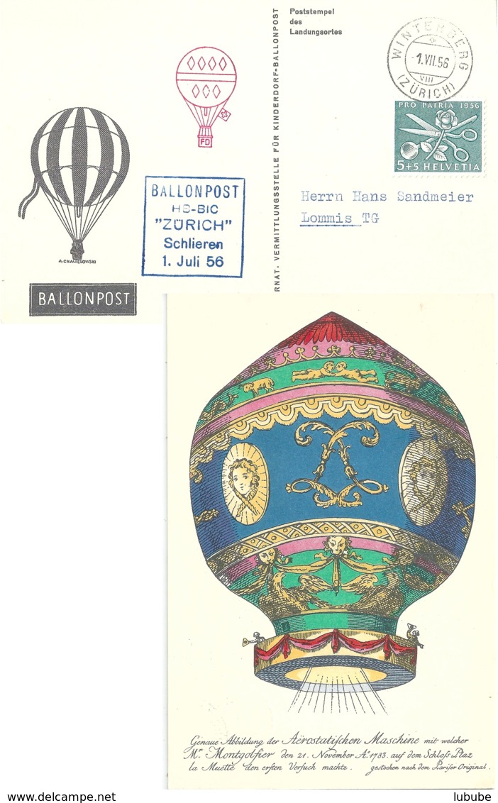Ballon Karte  "Aerostatische Maschine Montgolfier"  Schlieren - Winterberg           1956 - Lettres & Documents