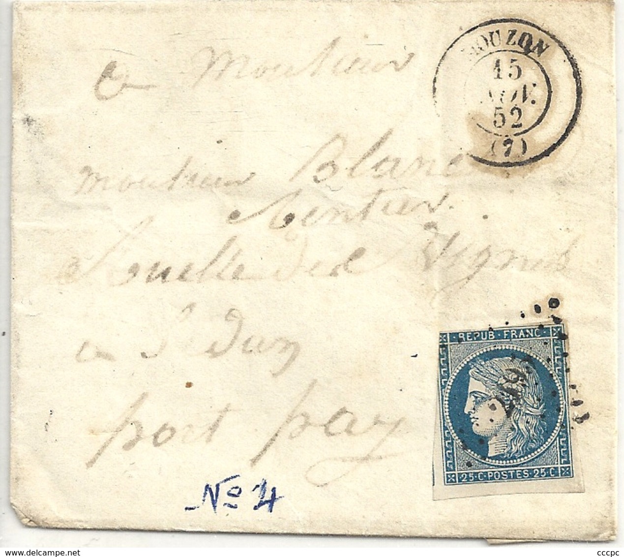 France Pli 1852 Cérès 25 Cts - 1849-1850 Ceres