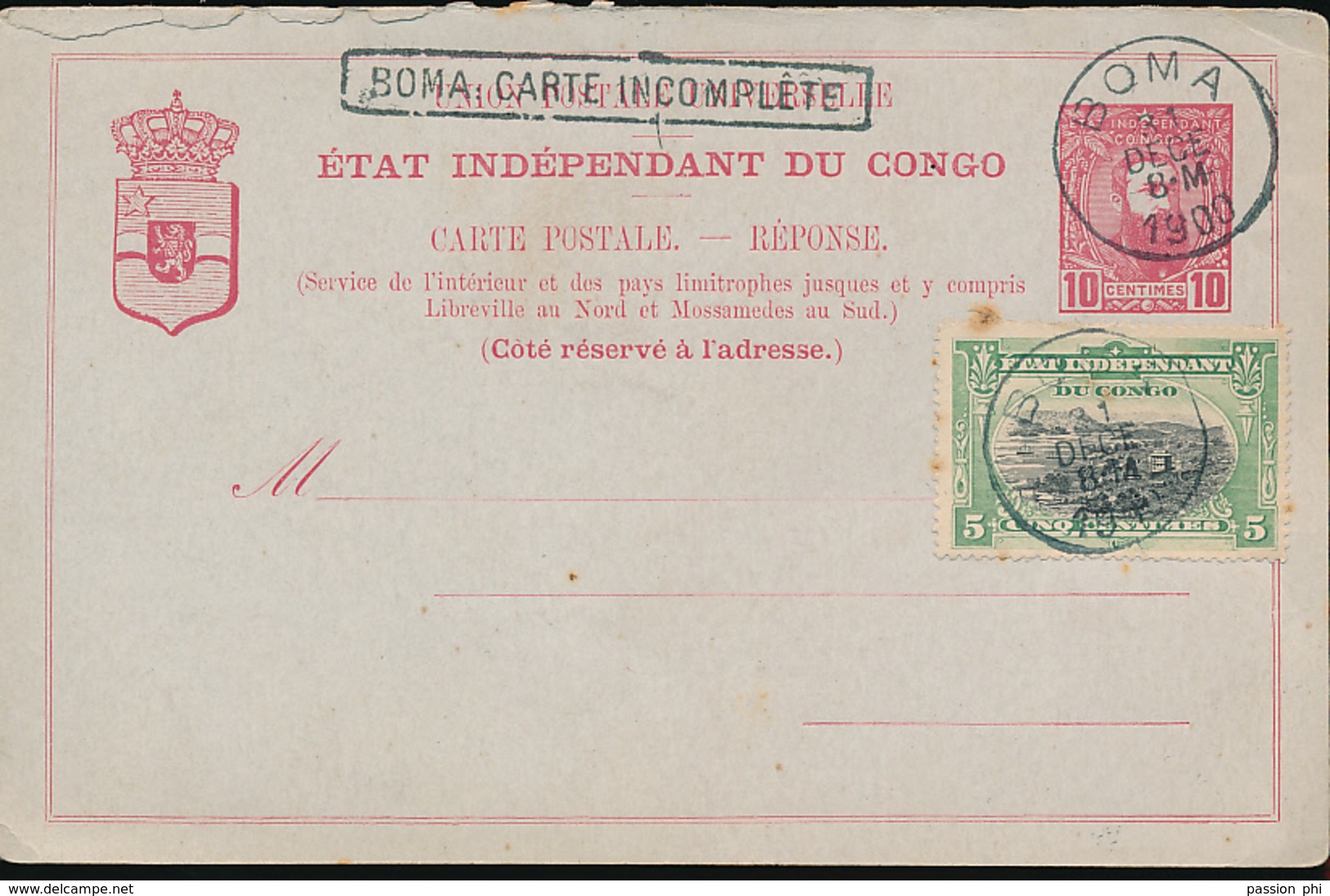 H BELGIAN CONGO  PS 1892 ISSUE STIBBE 12 REPLY BCI CTO BOMA 31.12.1900 - Entiers Postaux