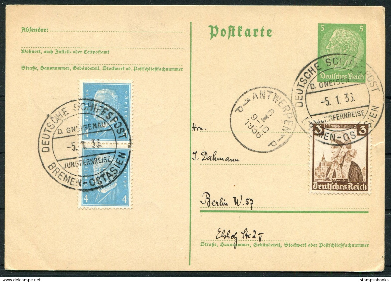 1936 Germany Deutsche Bremen - Ostasien Schiffspost Ship Stationery Postcard. Gneisenau Jungfernreise, Maiden Voyage - Briefe U. Dokumente