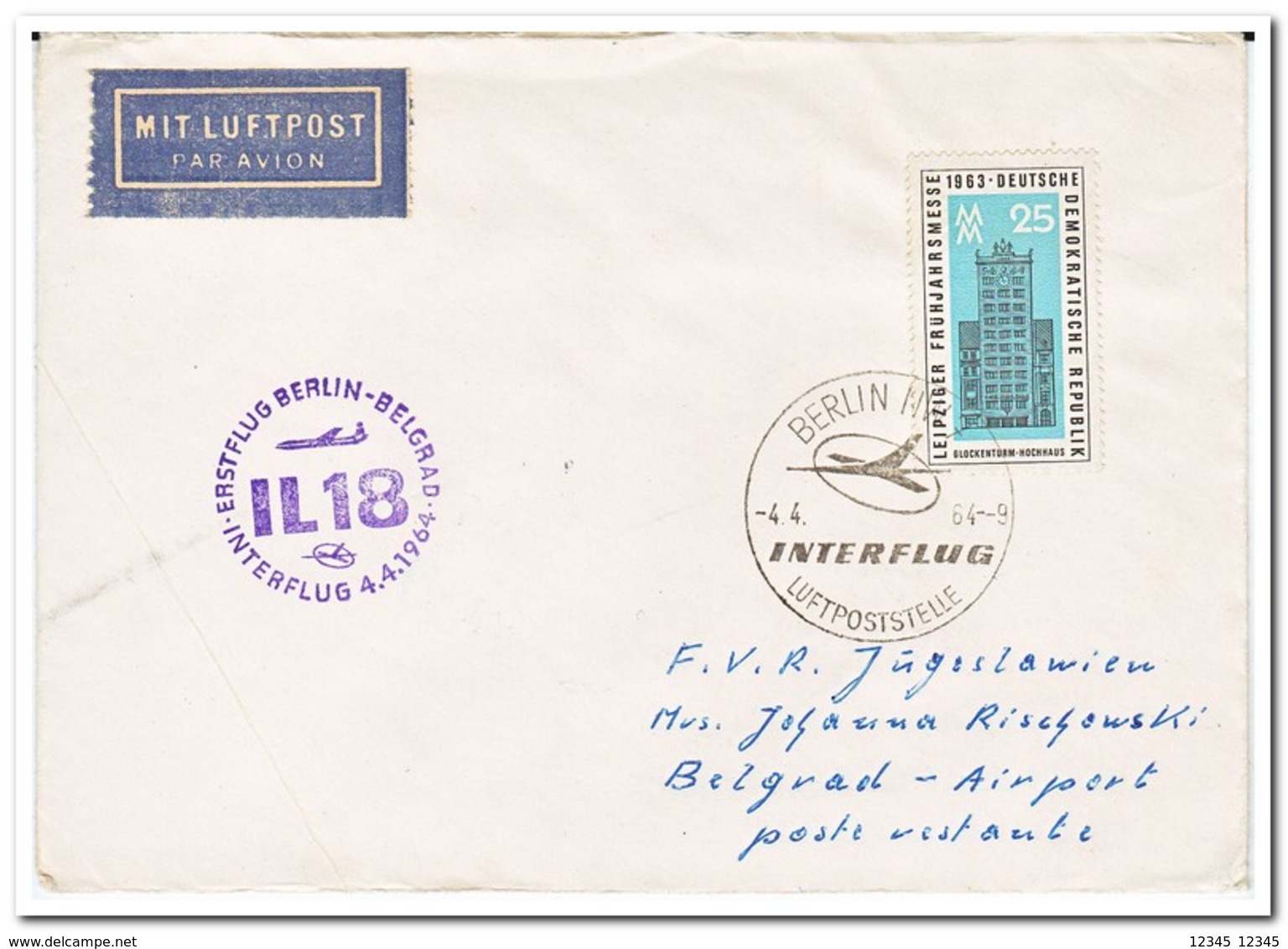 DDR 1964, First Flight Letter From Berlin To Belgrad - Brieven En Documenten