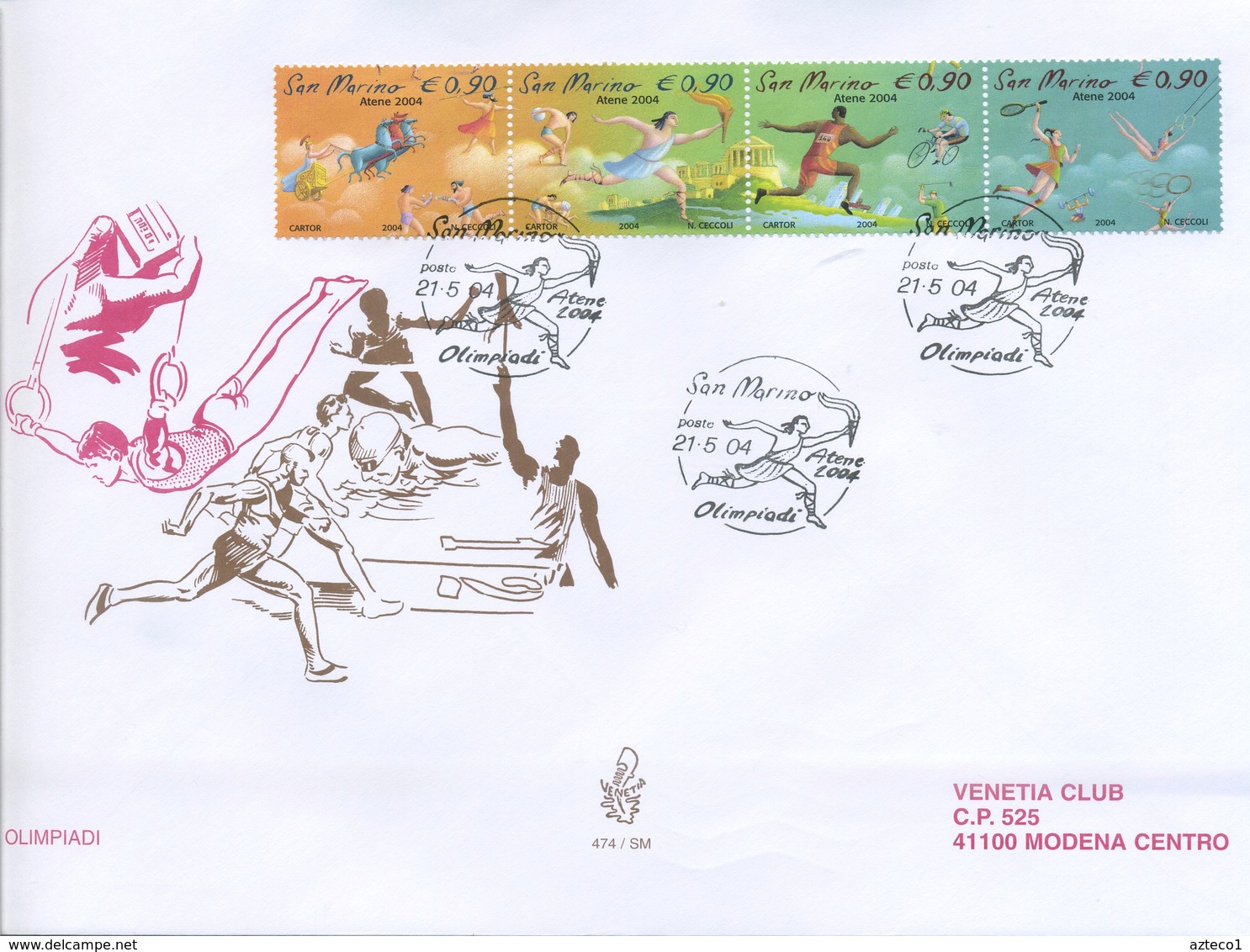 SAN MARINO - FDC VENETIA  2004 - OLIMPIADI - STRISCIA  - VIAGGIATA - FDC