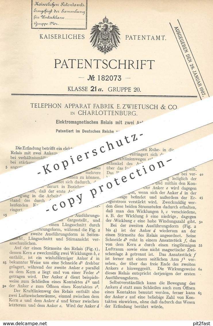 Original Patent - Telephon Apparat Fabrik E. Zwietusch & Co. , Berlin / Charlottenburg 1906 , Elektromagnetisches Relais - Historische Dokumente