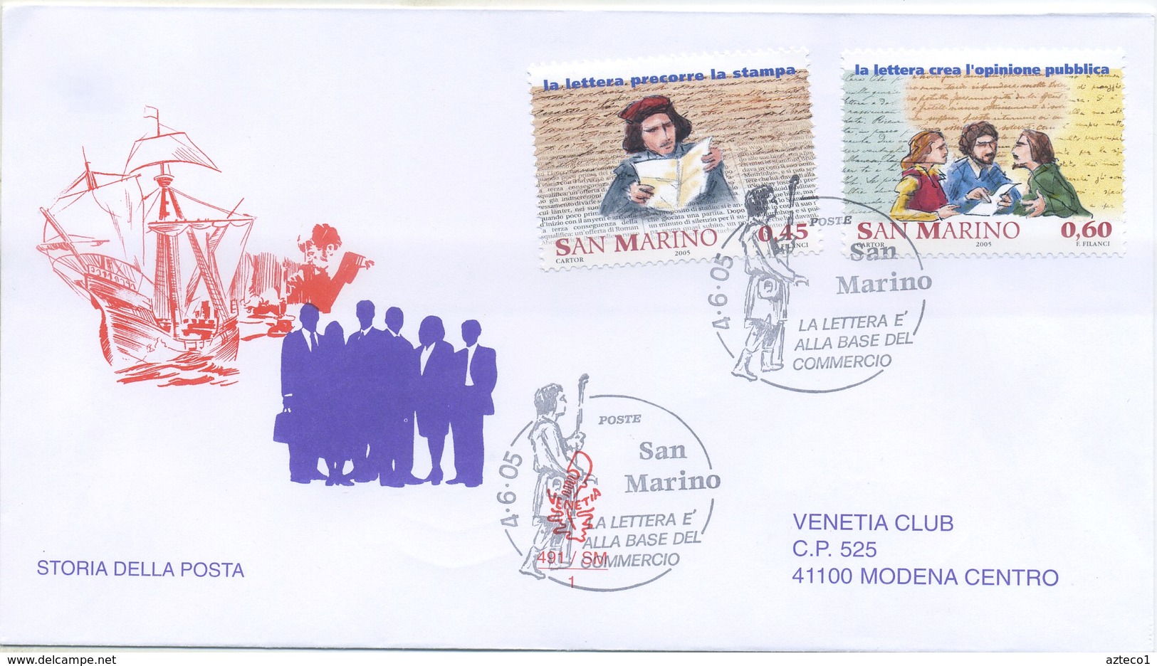 SAN MARINO - FDC VENETIA  2005 - STORIA DELLA POSTA - VIAGGIATE - FDC