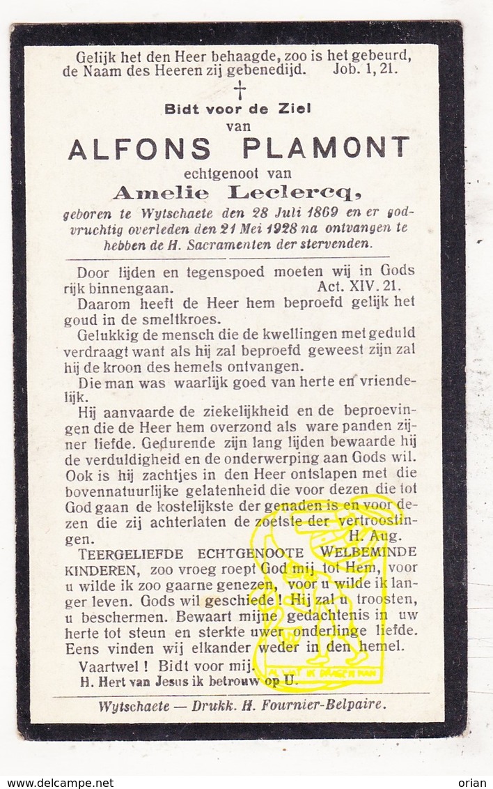 DP Alfons Plamont ° Wijtschate 1869 † 1928 X Amelie Leclercq / Heuvelland - Images Religieuses