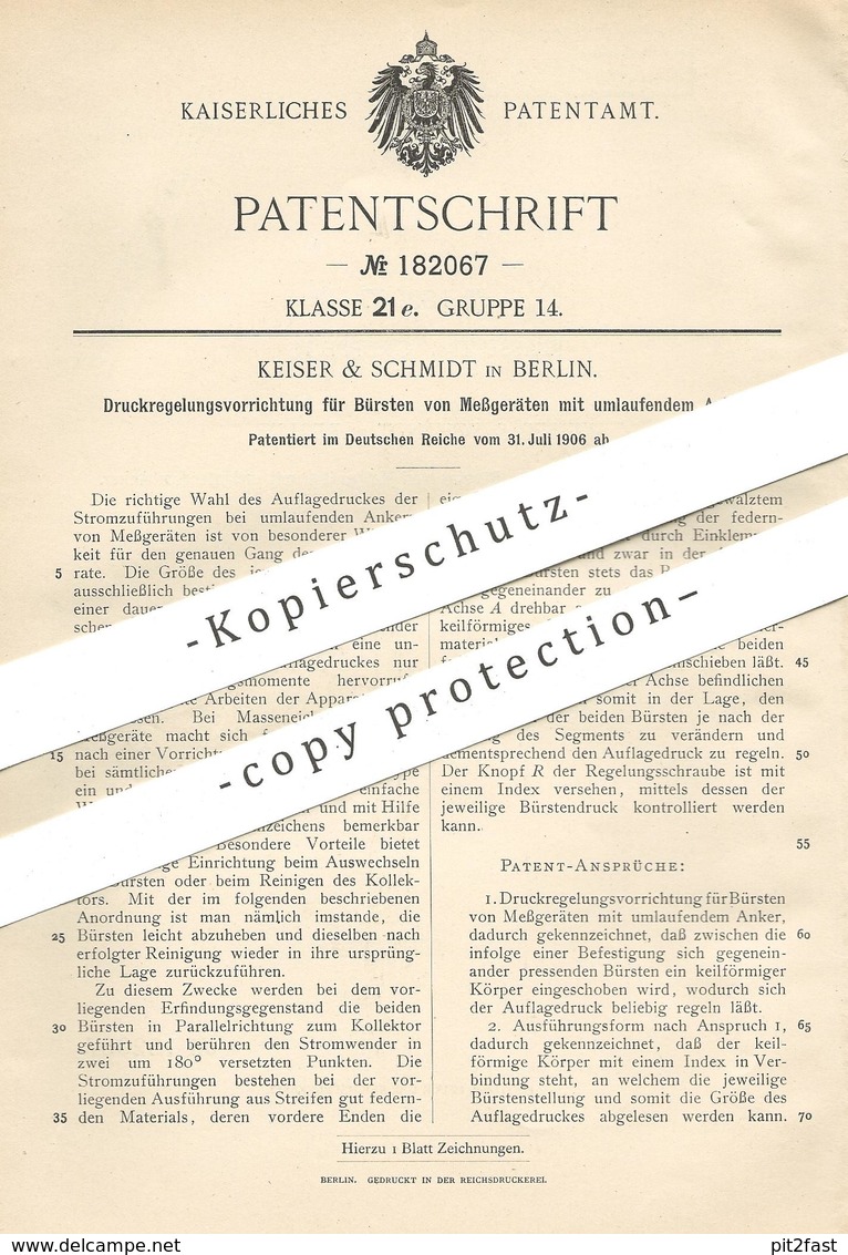 Original Patent - Keiser & Schmidt , Berlin , 1906 , Druckregelung Der Bürsten Am Meßgerät | Strom , Elektriker !!! - Historical Documents