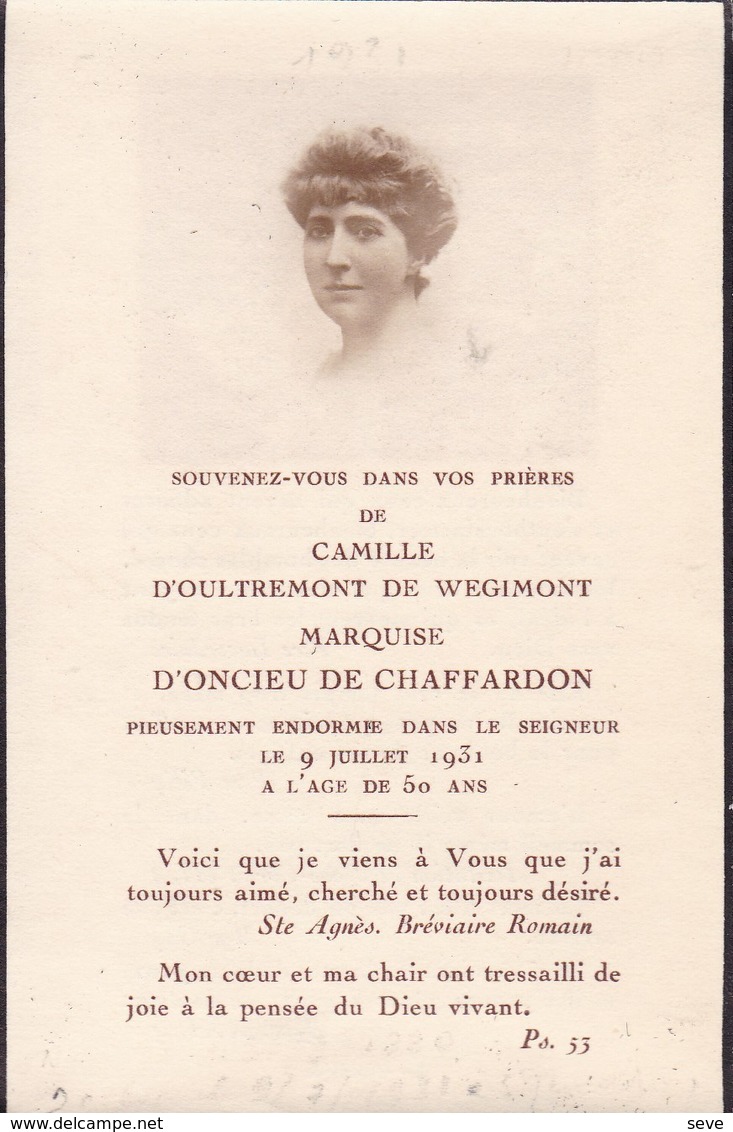 TOURNAI Camille D'OULTREMONT De WEGIMONT Marquise D'ONCIEU 1880-1931 DP Souvenir Mortuaire Noblesse - Décès