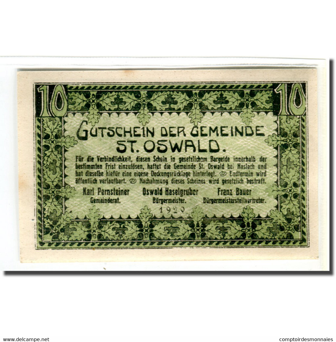 Billet, Autriche, St. Oswald N.Ö. Gemeinde, 10 Heller, Paysage, 1920, SPL - Autriche