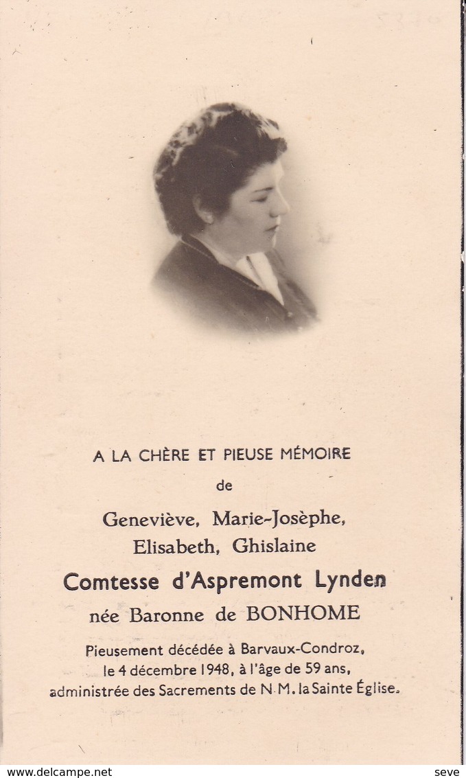 BARVAUX-CONDROZ Geneviève Comtesse D'ASPREMONT-LYNDEN 59 Ans 1948 DP Souvenir Mortuaire - Décès