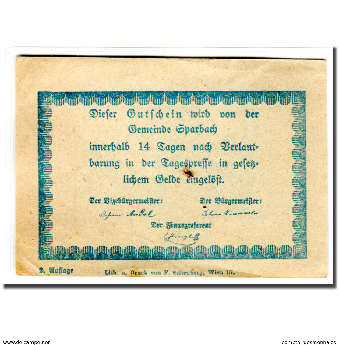 Billet, Autriche, Sparbach N.Ö. Gemeinde, 80 Heller, Texte, SPL, Mehl:1006e - Autriche