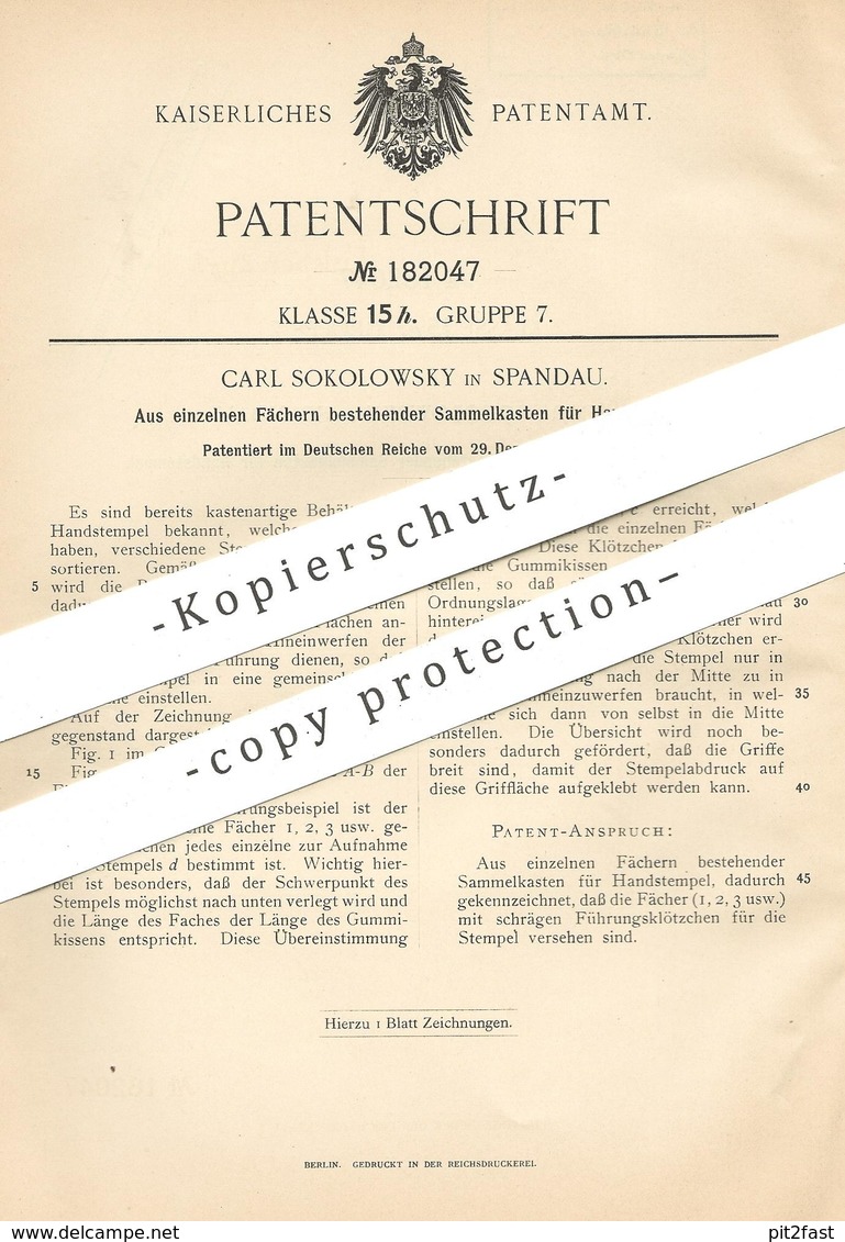 Original Patent - Carl Sokolowsky , Berlin / Spandau , 1905 , Sammelkasten Für Handstempel | Stempel , Kasten , Kiste ! - Historische Documenten