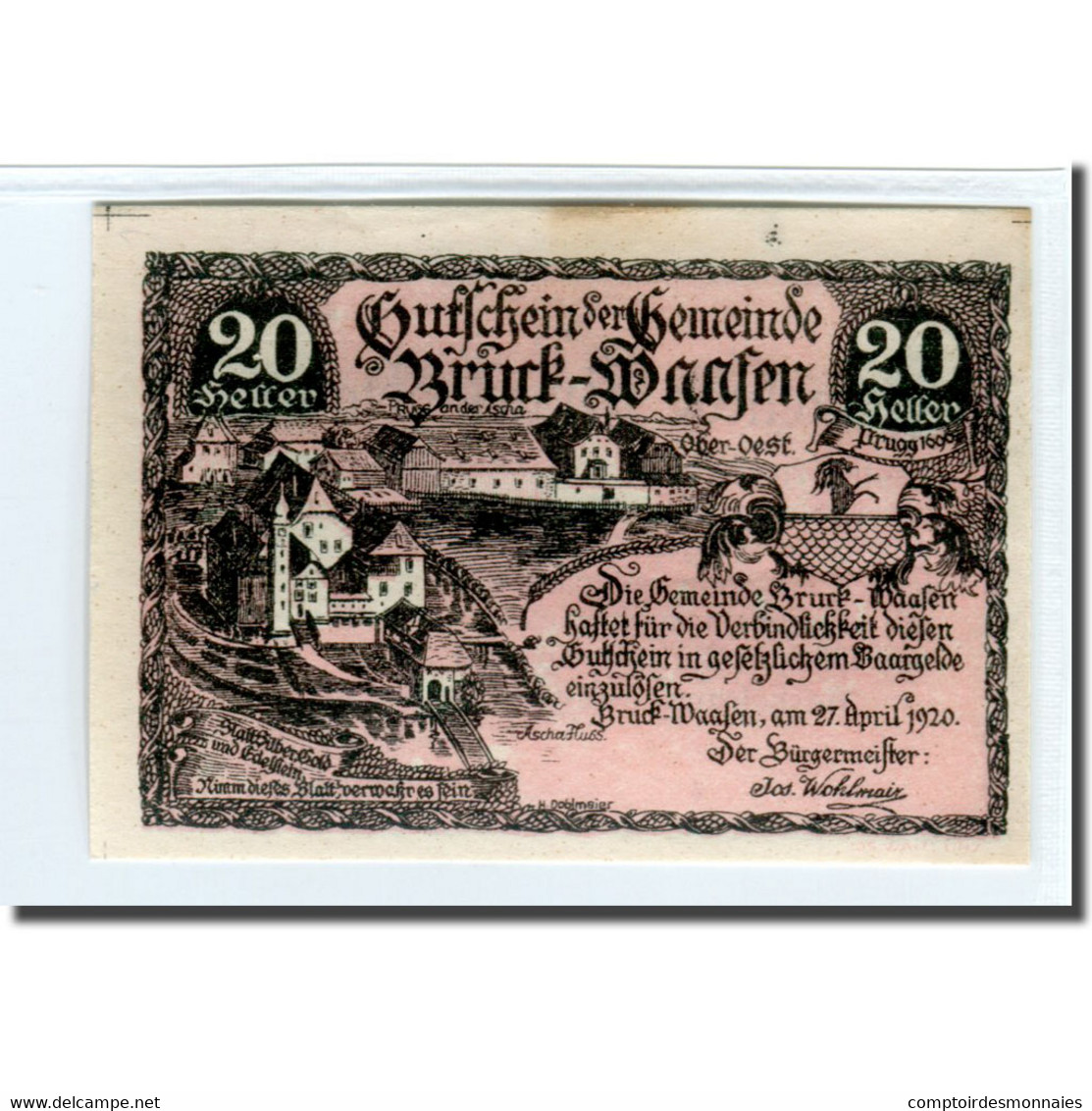 Billet, Autriche, Bruck-Waasen, 20 Heller, Texte 1, 1920, 1920-04-27, SPL - Autriche