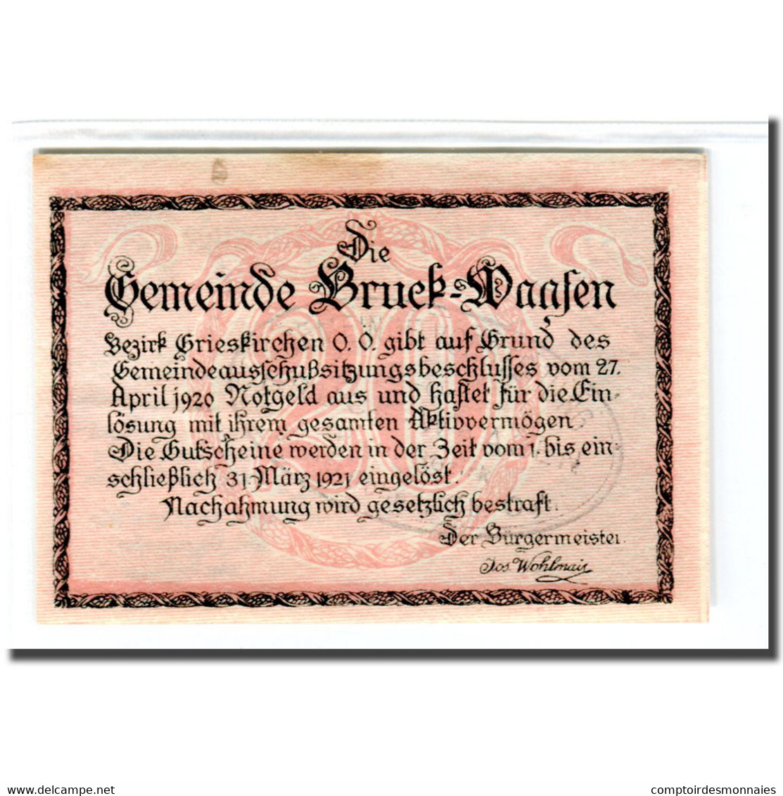 Billet, Autriche, Bruck-Waasen, 20 Heller, Texte 1, 1920, 1920-04-27, SPL - Autriche