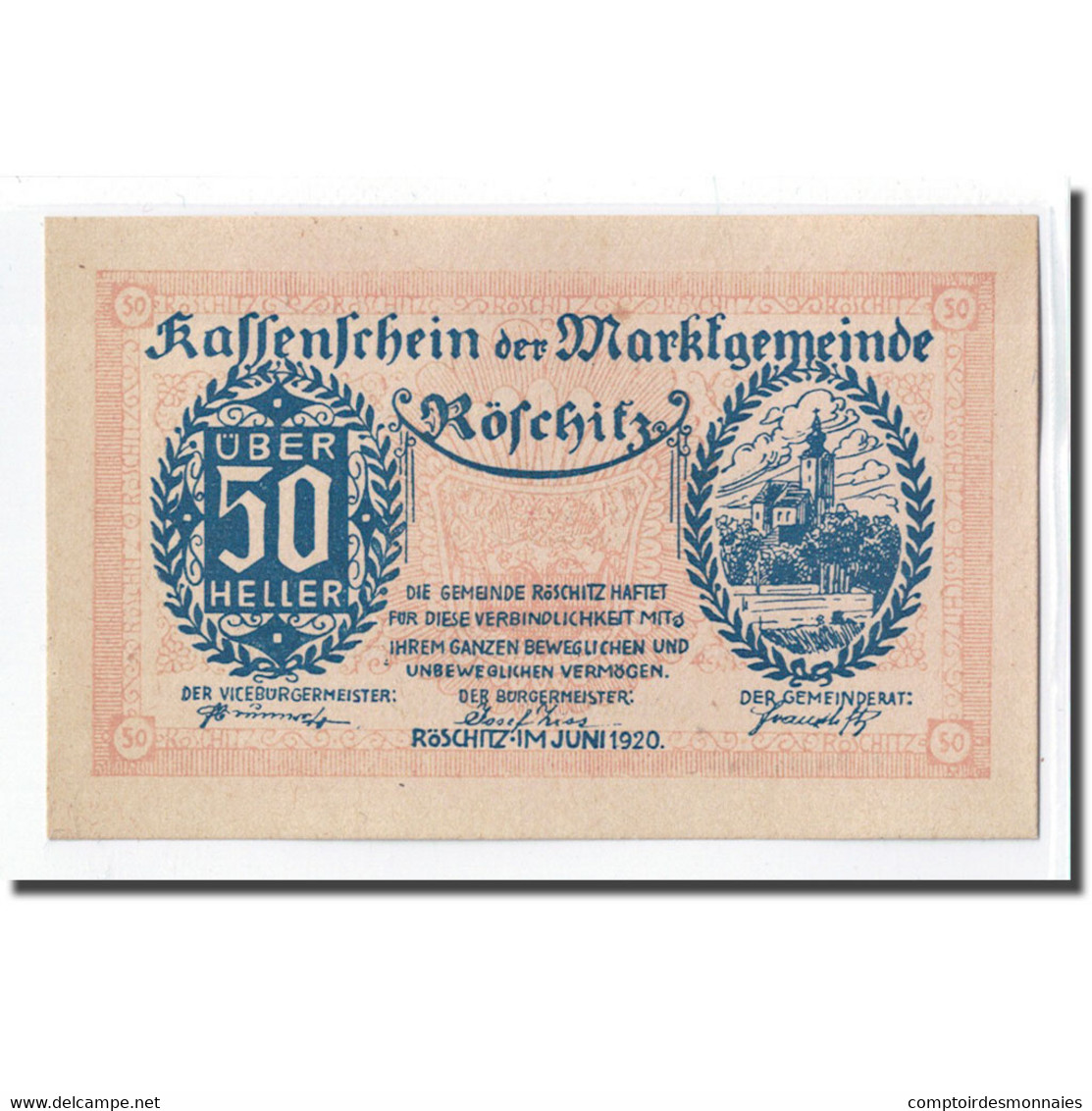 Billet, Autriche, Röschitz N.Ö. Marktgemeinde, 50 Heller, Texte 2, 1920, SPL - Autriche