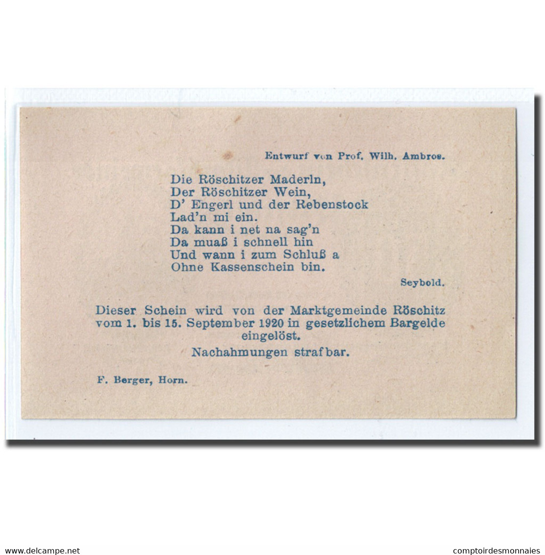 Billet, Autriche, Röschitz N.Ö. Marktgemeinde, 50 Heller, Texte 2, 1920, SPL - Autriche