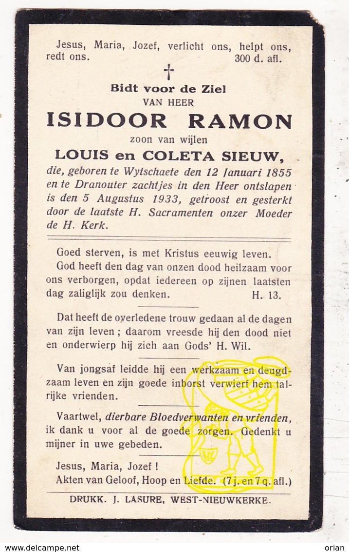 DP Isidoor Ramon / Sieuw ° Wijtschate 1855 † Dranouter 1933 / Heuvelland - Images Religieuses