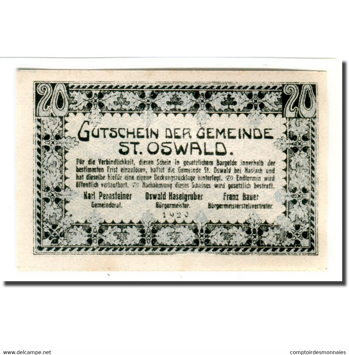 Billet, Autriche, St. Oswald N.Ö. Gemeinde, 20 Heller, Paysage 1, 1920, SPL - Autriche