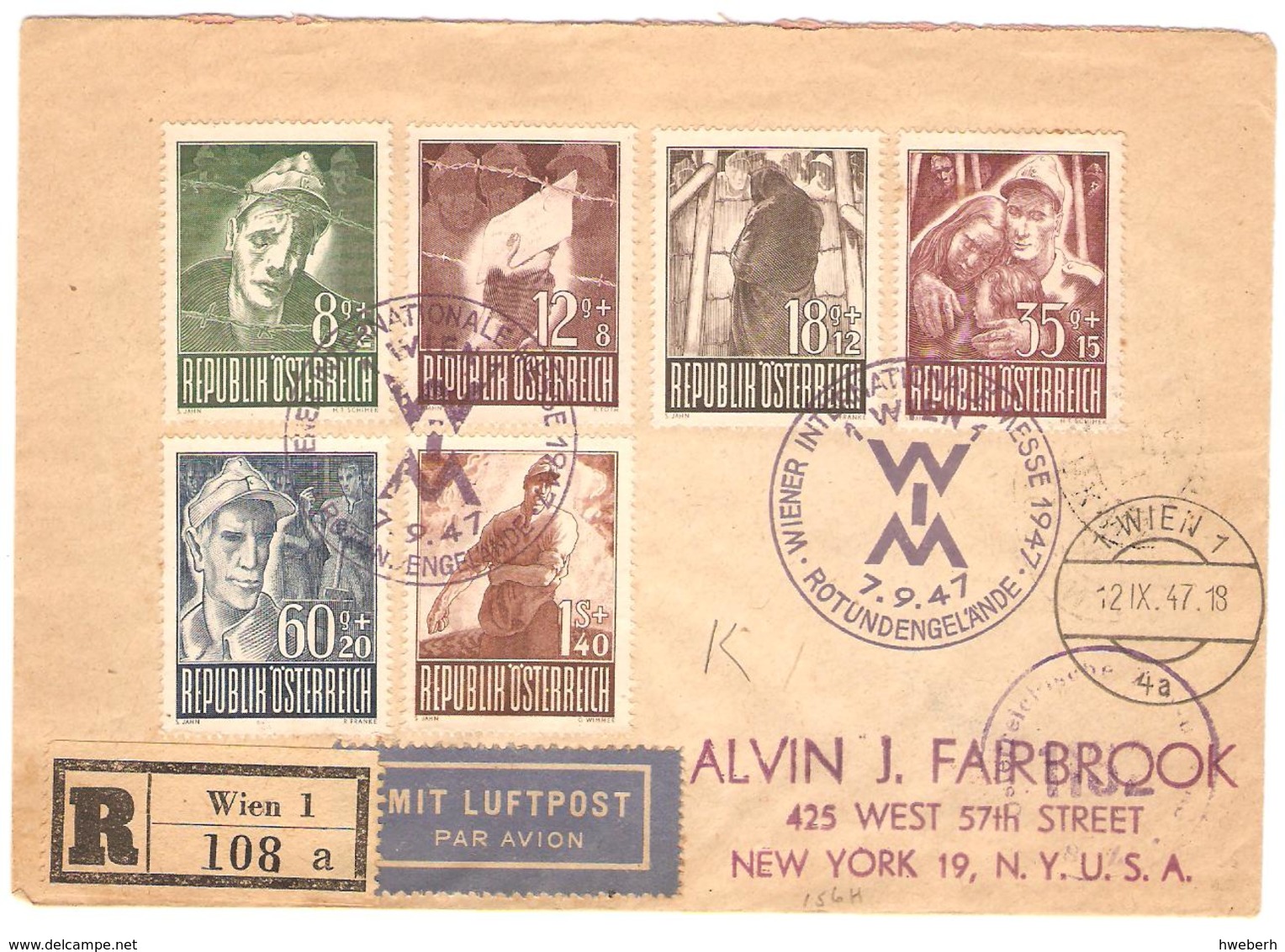 1947 LR Flugpost Yv 687/92 (Mi829/34) De Wien Du 12.IX.47 Pour Les USA - Lettres & Documents