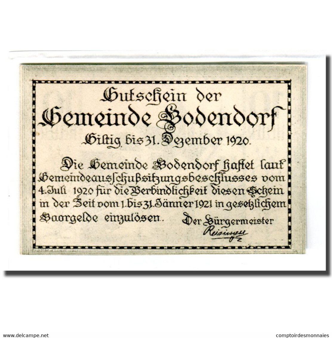 Billet, Autriche, Bodendorf O.Ö. Gemeinde, 10 Heller, Texte, 1920, 1920-07-04 - Autriche