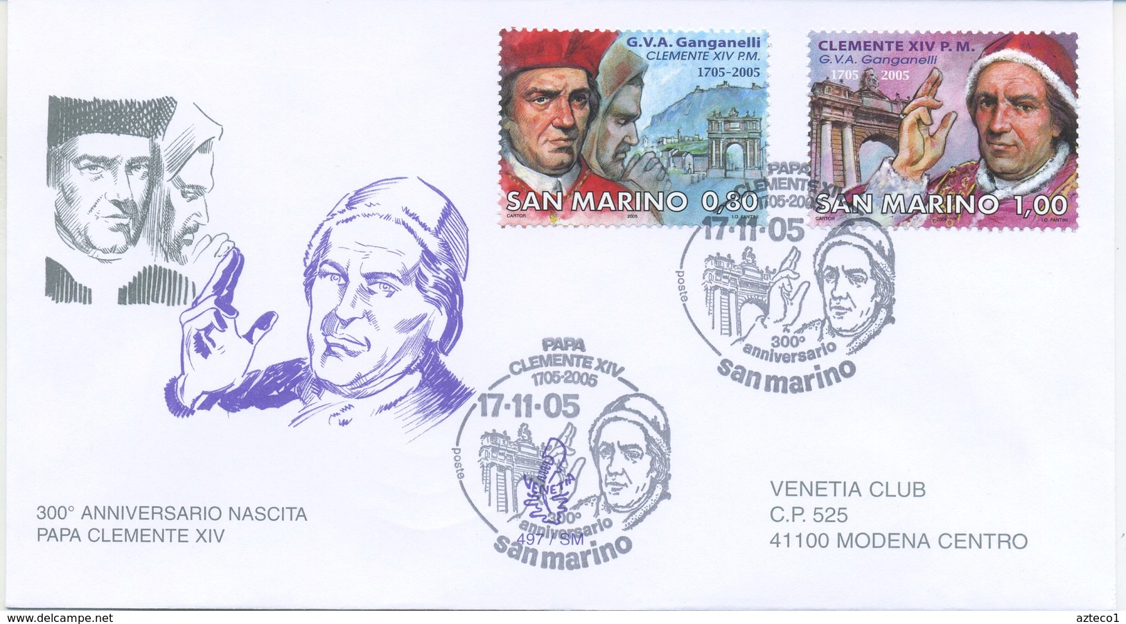 SAN MARINO - FDC VENETIA  2005 - PAPA CLEMENTE XIV - VIAGGIATA - FDC