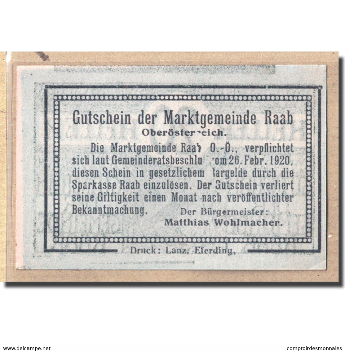 Billet, Autriche, Raab O.Ö. Marktgemeinde, 20 Heller, Texte 1, 1920 - Autriche