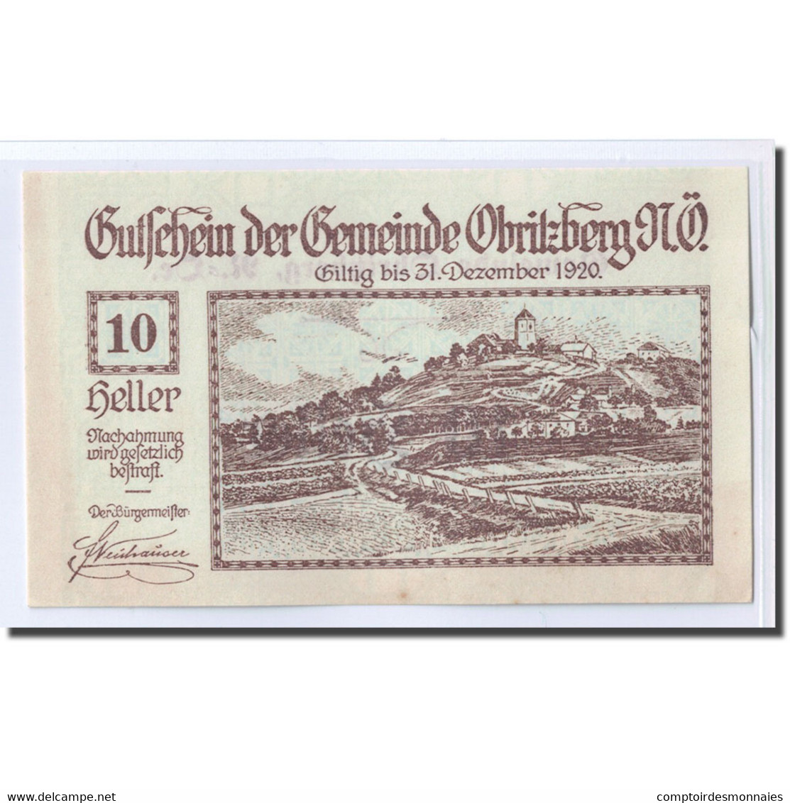 Billet, Autriche, Obritzberg, 10 Heller, Valeur Faciale, 1920, SPL, Mehl:701a - Autriche