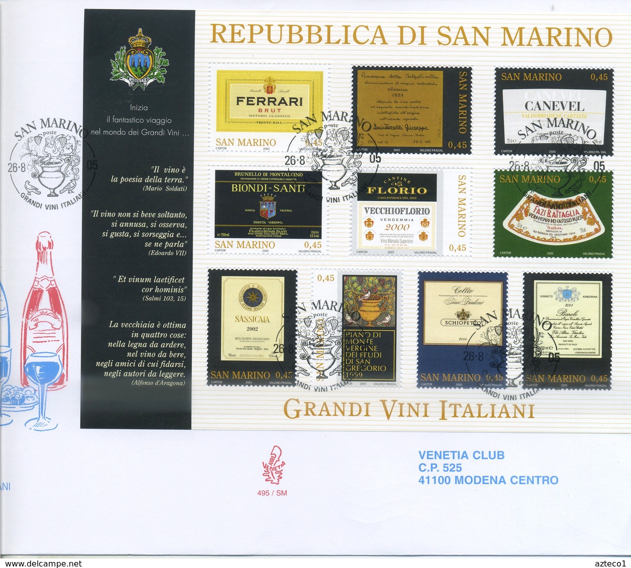 SAN MARINO - FDC VENETIA  2005 - I GRANDI VINI ITALIANI - BLOCCO - VIAGGIATA - FDC