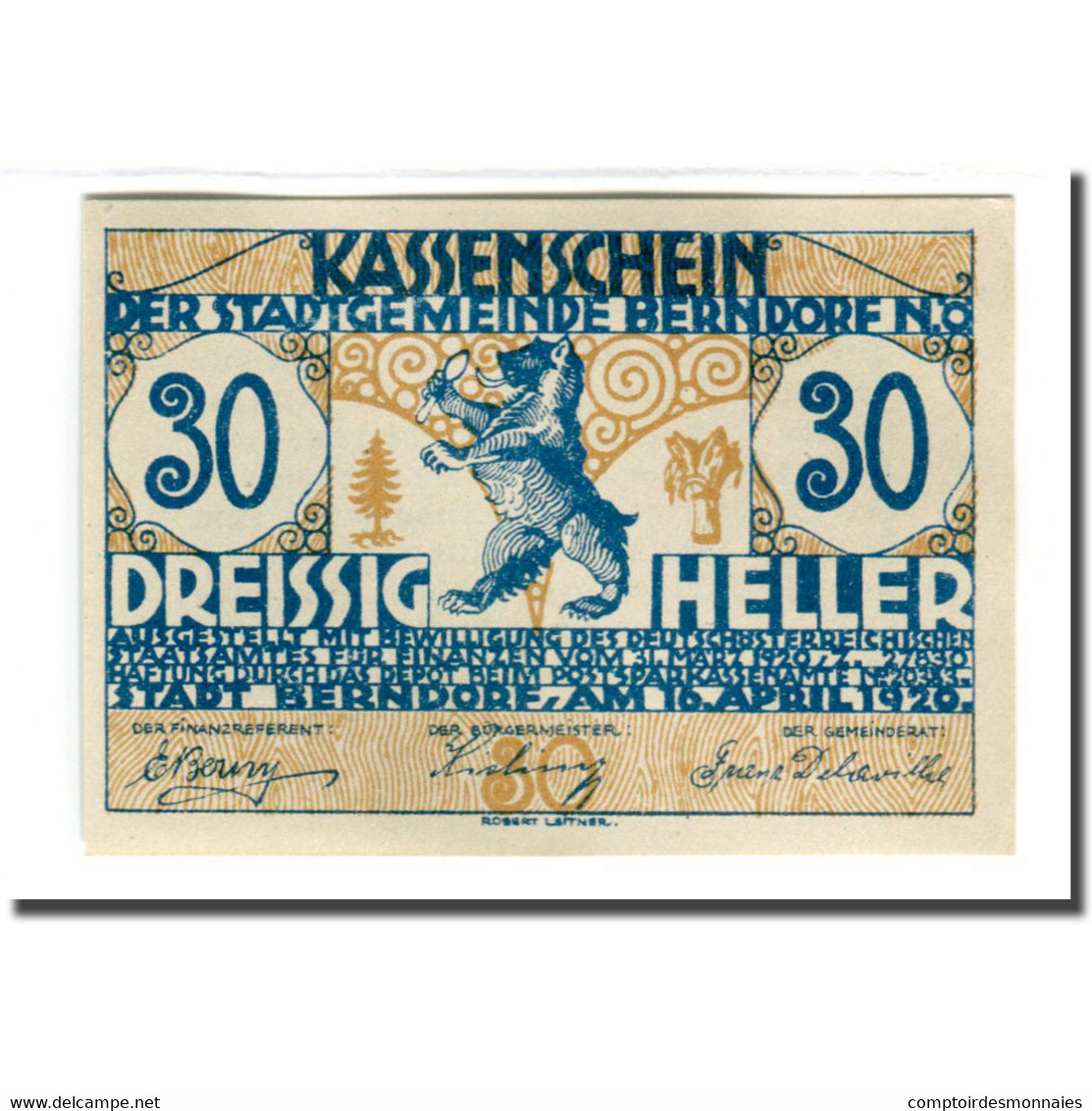 Billet, Autriche, Berndorf N.Ö. Stadtgemeinde, 30 Heller, Texte 1, 1920 - Autriche