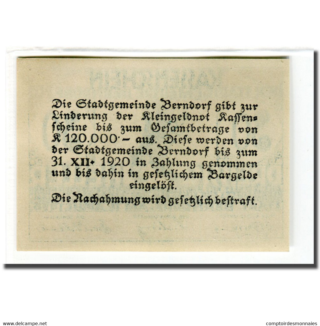 Billet, Autriche, Berndorf N.Ö. Stadtgemeinde, 30 Heller, Texte 1, 1920 - Autriche