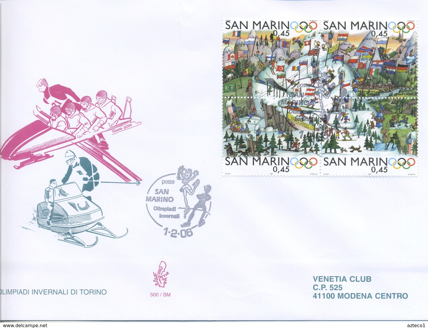 SAN MARINO - FDC VENETIA  2006 - OLIMPIADI DI TORINO - BLOCCO - VIAGGIATA - FDC