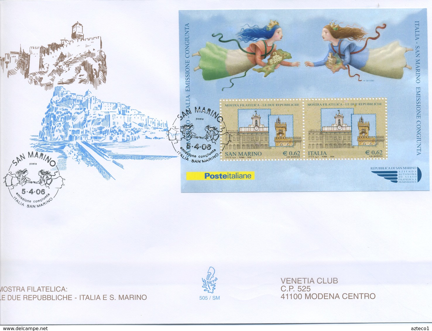 SAN MARINO - FDC VENETIA  2006 - LE DUE REPUBBLICHE - BLOCCO FOGLIETTO - VIAGGIATA - FDC