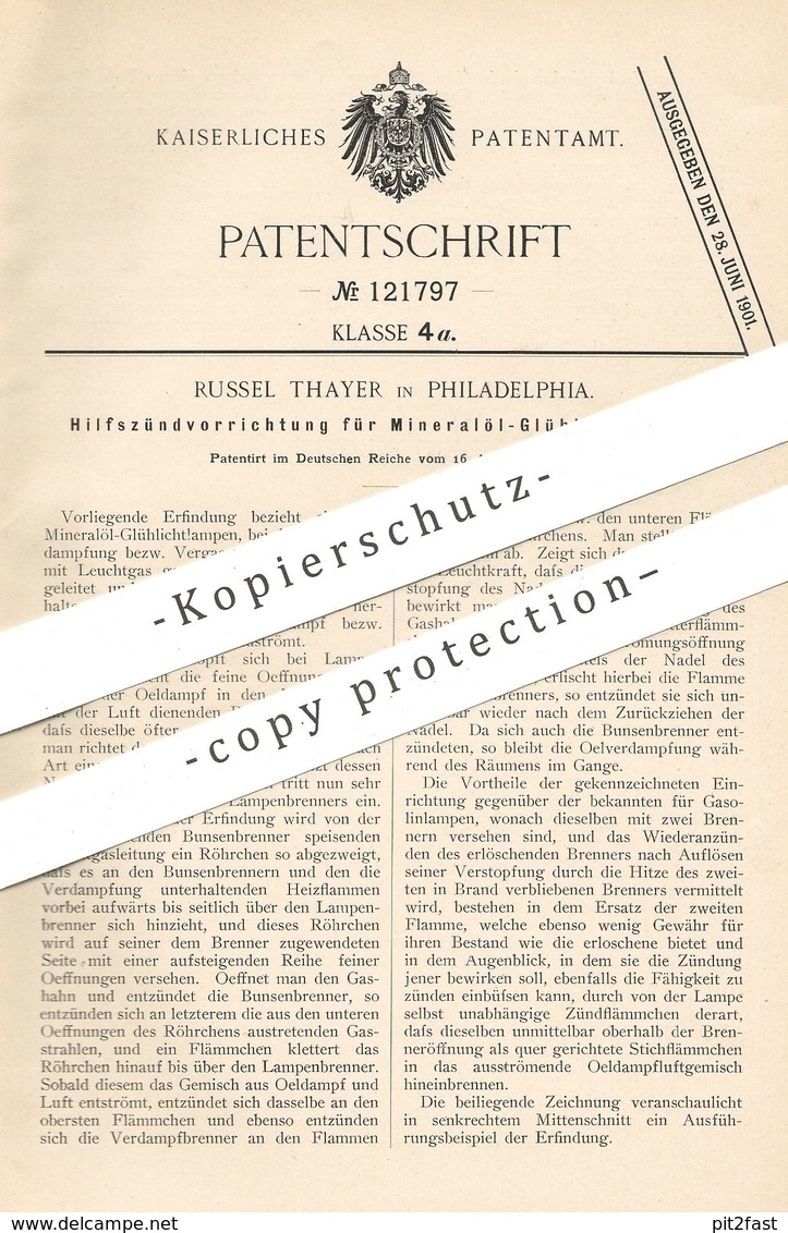 Original Patent - Russel Thayer , Philadelphia , USA 1900 , Hilfszündvorrichtung Für Mineralöl Glühlichtlampen | Zünder - Historische Dokumente