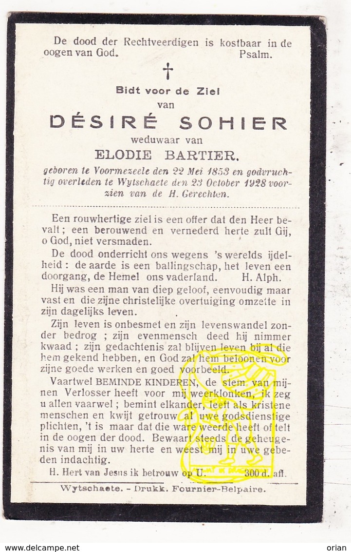 DP Désiré Sohier ° Voormezele Ieper 1853 † Wijtschate Heuvelland 1928 X Elodie Bartier - Devotieprenten