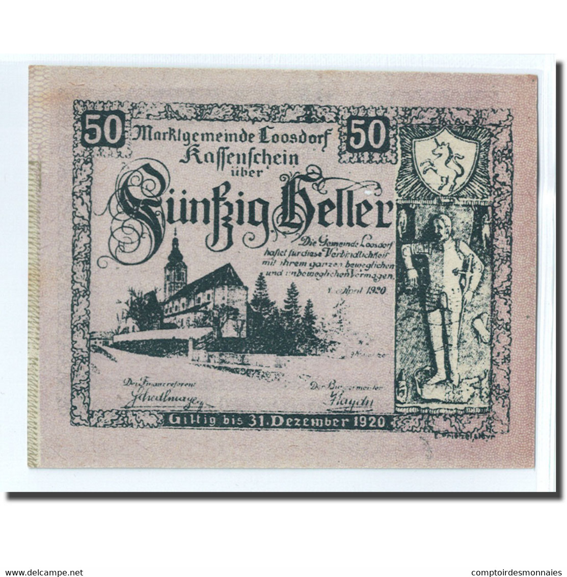 Billet, Autriche, Loosdorf, 50 Heller, Texte 2, 1920, 1920-04-08, SPL, Mehl:563b - Autriche