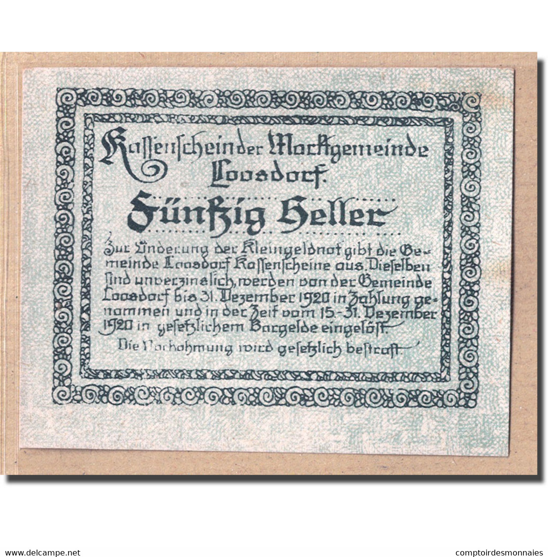 Billet, Autriche, Loosdorf, 50 Heller, Texte 2, 1920, 1920-04-08, SPL, Mehl:563b - Autriche