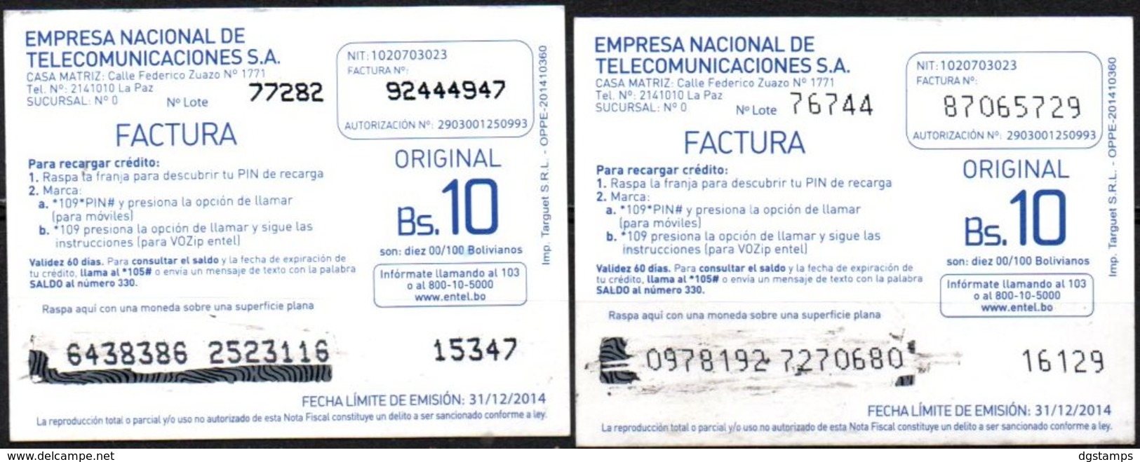 Bolivia 2013 - 31-12-2014 Prepago ENTEL. YPFB Planta Gran Chaco - Tarija. 2 Tiradas. 2 Tipos De Numeración - Olie