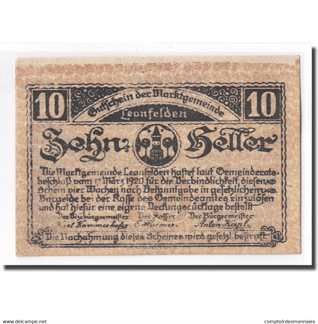 Billet, Autriche, Leonfelden O.Ö. Marktgemeinde, 10 Heller, Paysage, 1920 - Oesterreich