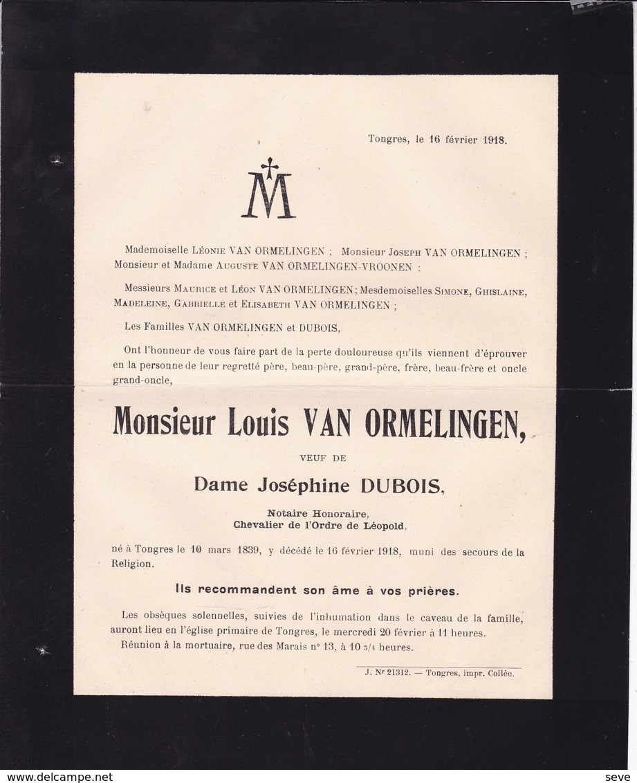 TONGRES TONGEREN Louis VAN ORMELINGEN Veuf DUBOIS Notaire Notaris 1839-1918 Famille VROONEN - Décès