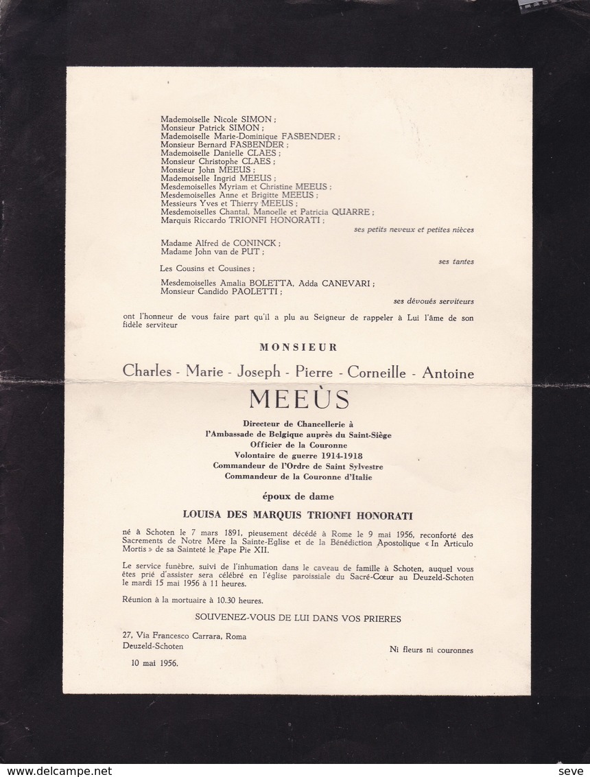 SCHOTEN SCHOOTEN ROME Charles MEEUS Directeur De Chancellerie Ambassade De Belgique Saint-Siège 1891-1956 - Décès