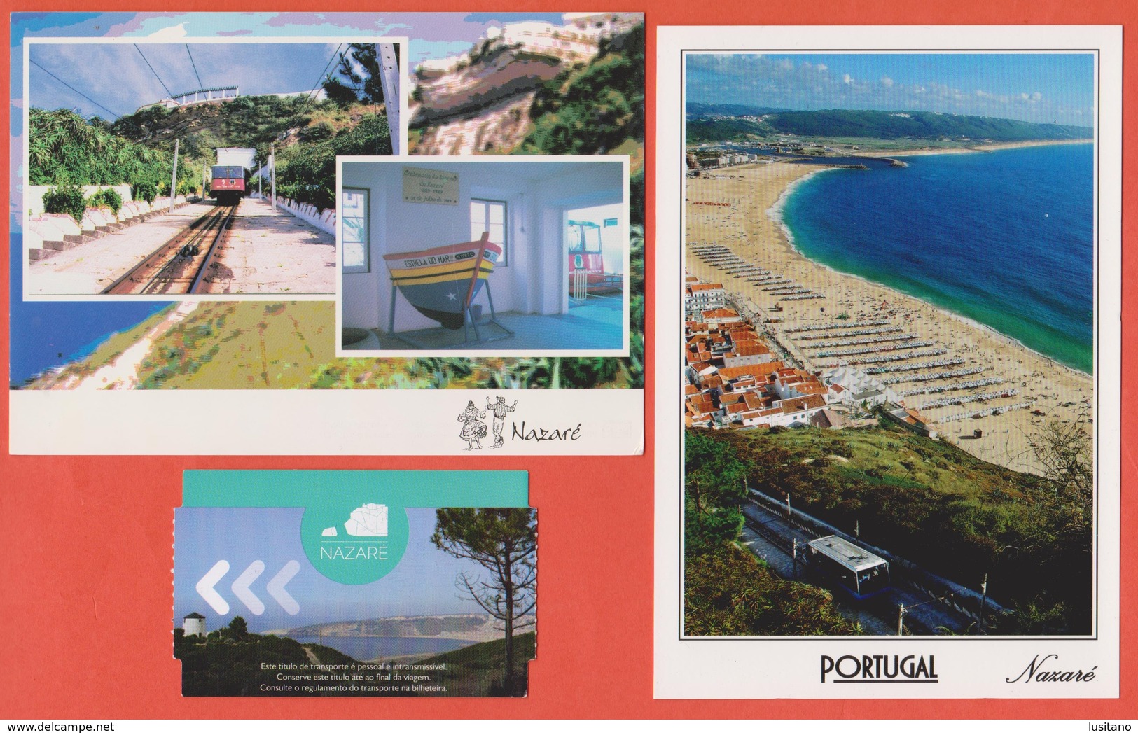 Set Of 2 Postcards And Round Trip Ticket Aller-retour NAZARÉ Funicular Station Gare De Funiculaire Tram Tramway Portugal - Leiria