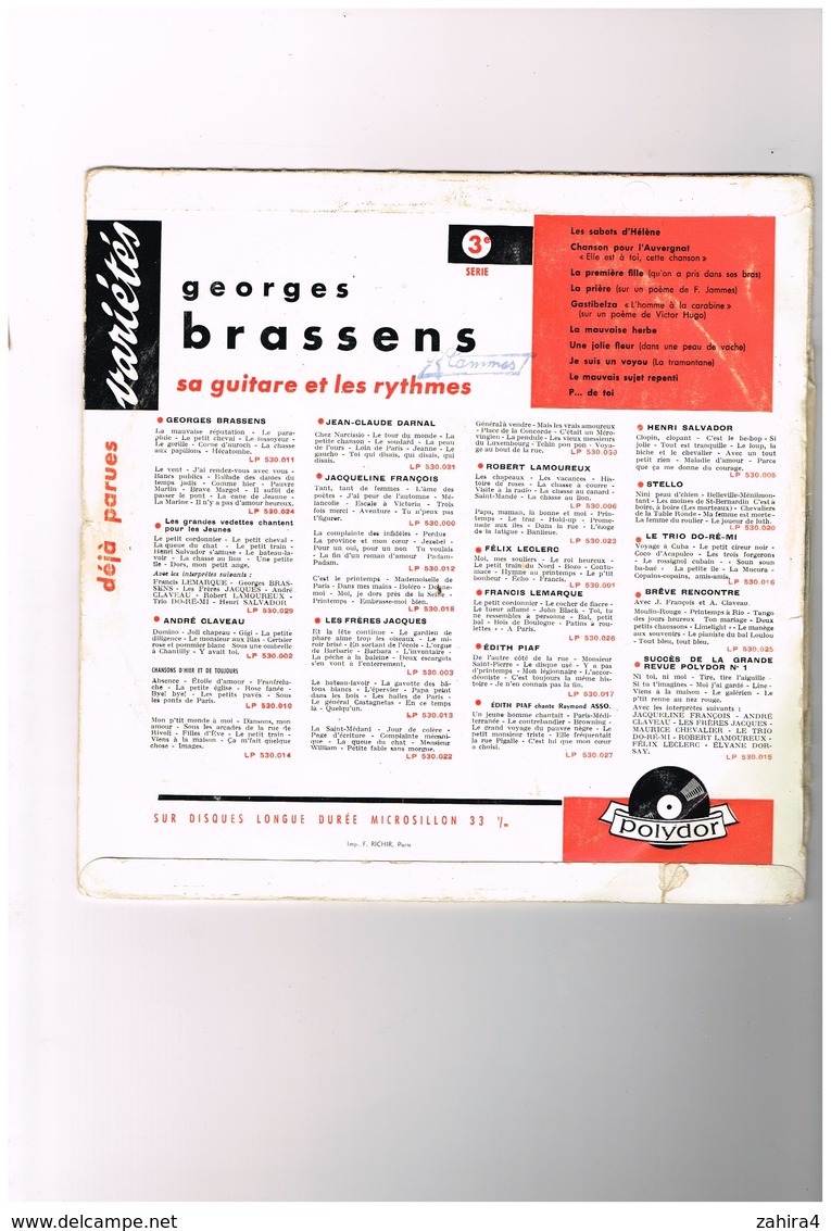 LP 530.033 Polydor Microsillon 33 T Medium Georges Brassens N°3 Illustrateur Henri Favre Les Sabots D'Hélène L'Auvergnat - Autres & Non Classés