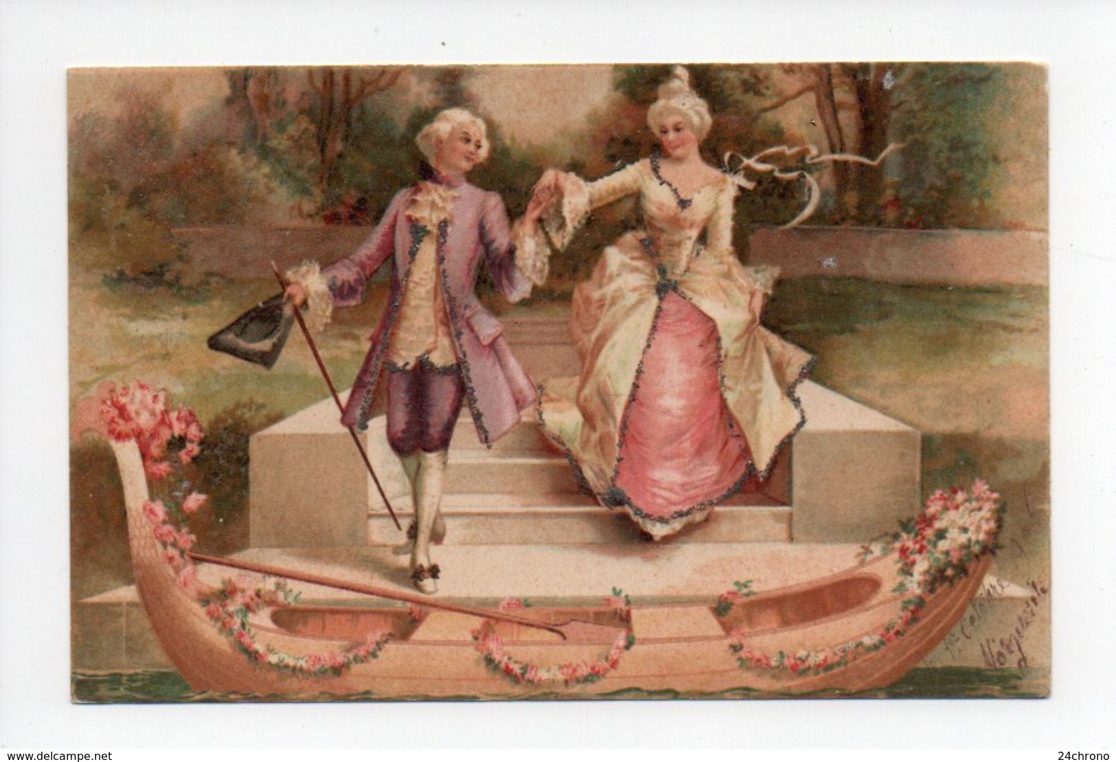 Couple: Marquis Et Marquise, Gondole, Canne, Carte Avec Paillettes, 1906 (19-58) - Couples