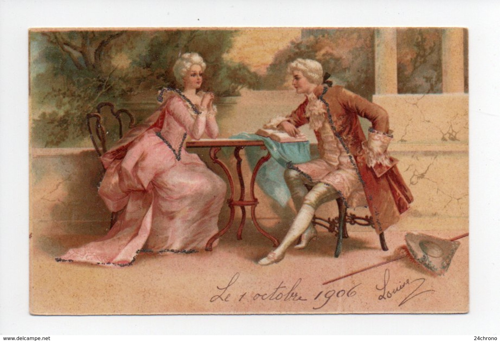 Couple: Marquis Et Marquise, Lecture, Canne, Carte Avec Paillettes, 1906 (19-59) - Couples