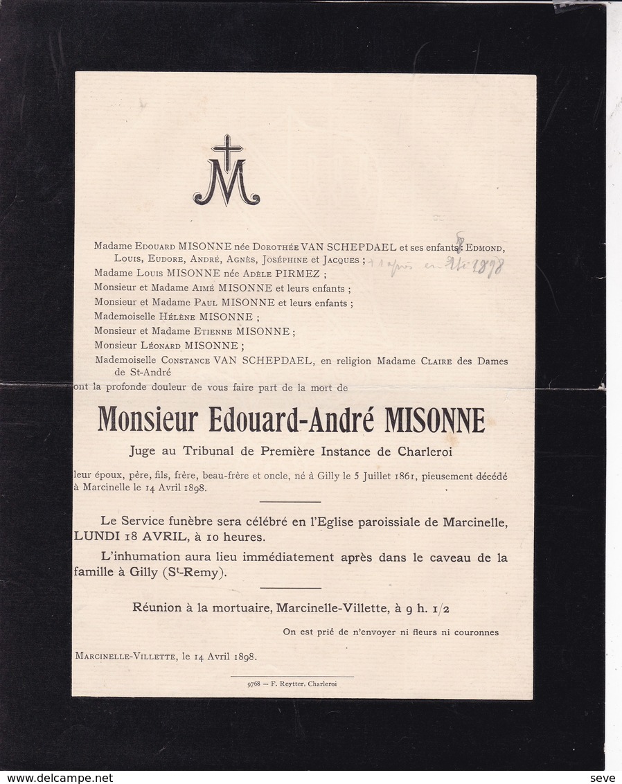 GILLY MARCINELLE Edouard-André MISONNE Juge Charleroi 1861-1898 Familles PIRMEZ VAN SCHEPDAEL - Décès