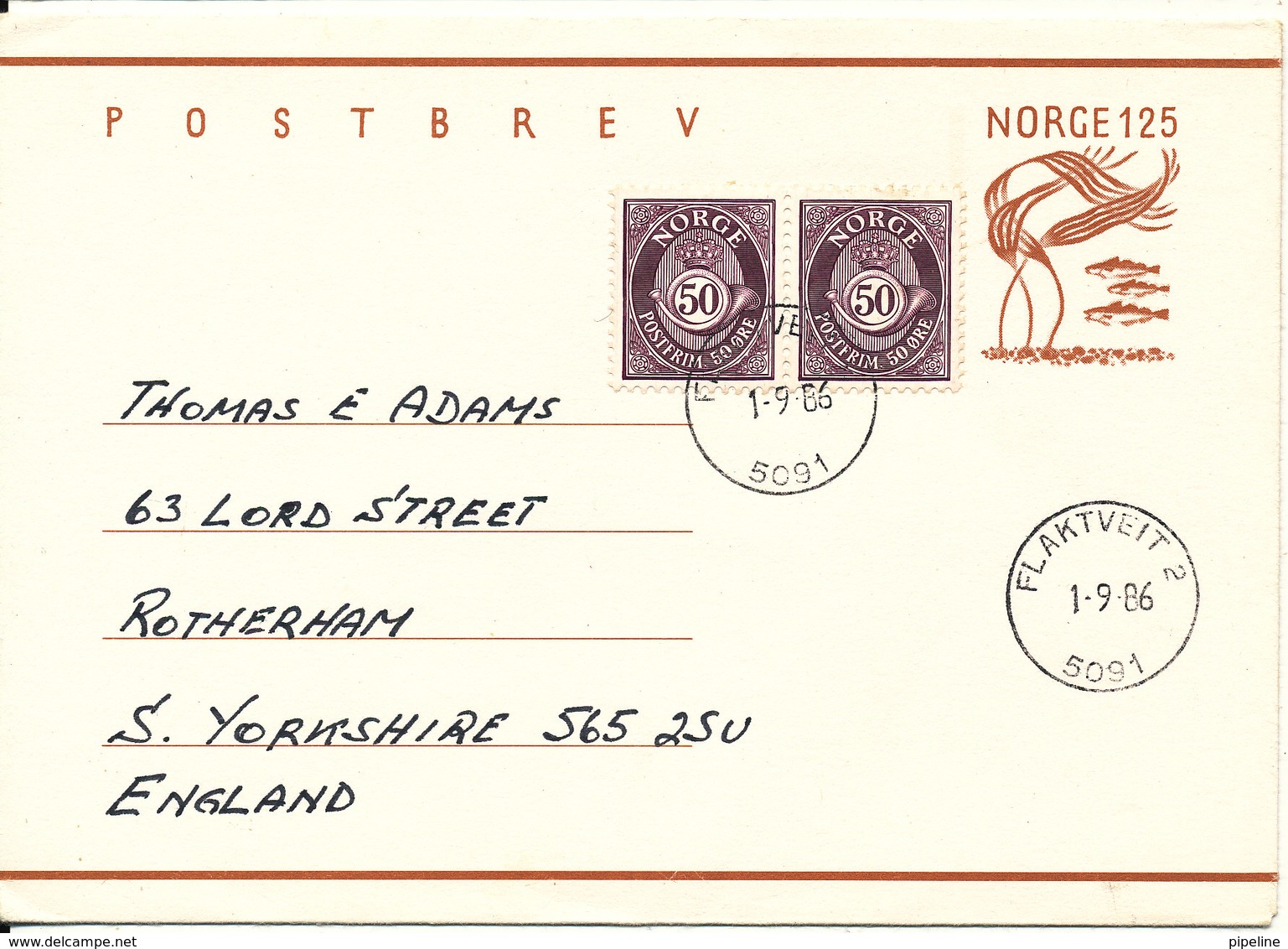 Norway Postal Stationery POSTBREV Uprated And Sent To England Flaktveit 1-9-1986 - Postal Stationery