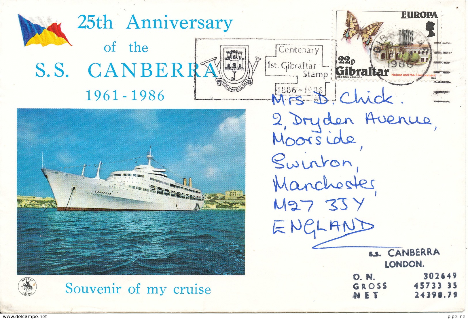 Gibraltar Cover 25th Anniversary Of The S.S. Canberra 1986 With Cachet And Europa CEPT 1986 Stamp - Gibraltar