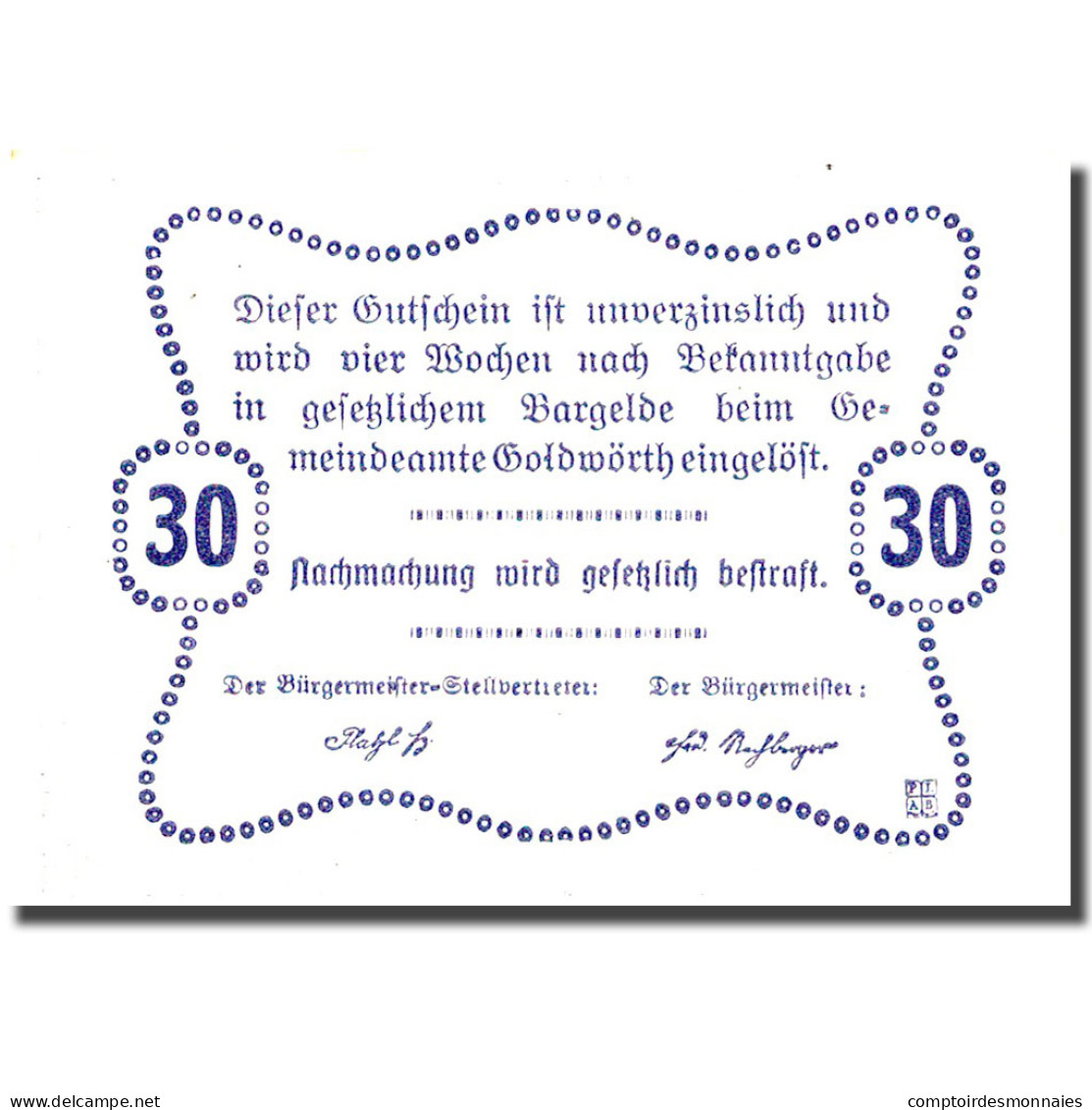 Billet, Autriche, Goldwörth, 30 Heller, Manoir, 1920, SPL - Autriche