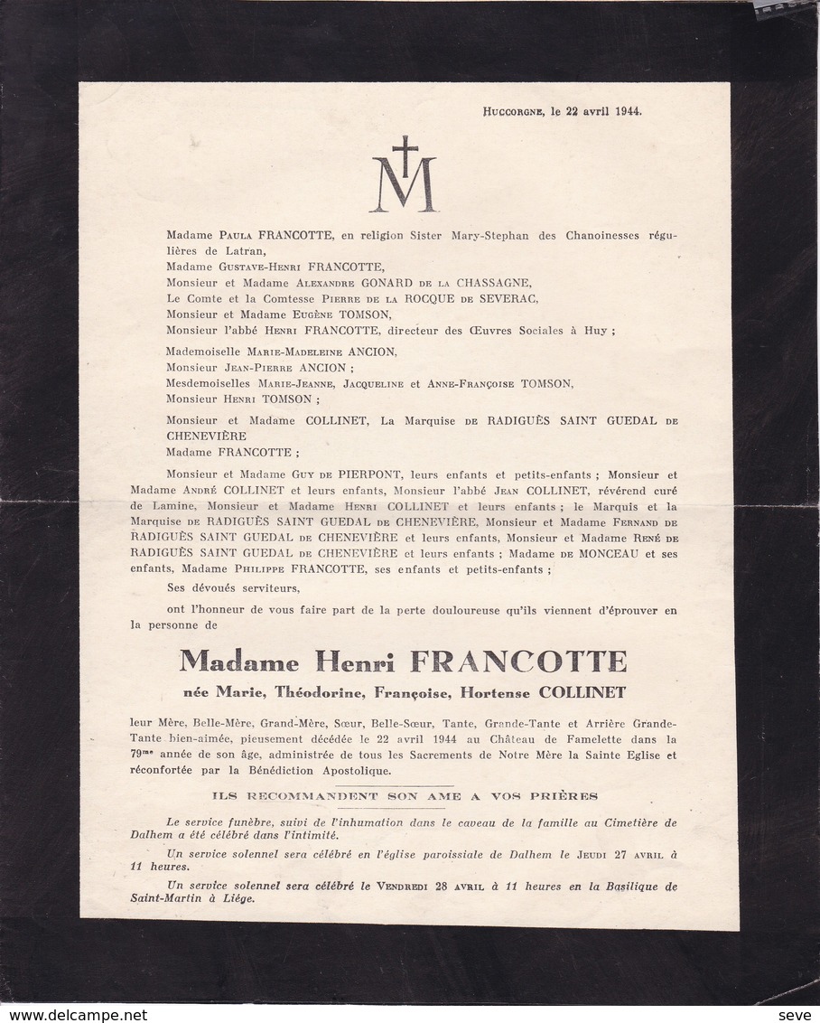 Château De FAMELETTE Marie COLLINET épouse Henri FRANCOTTE 79 Ans 1944 DALHEM HUCCORGNE - Décès