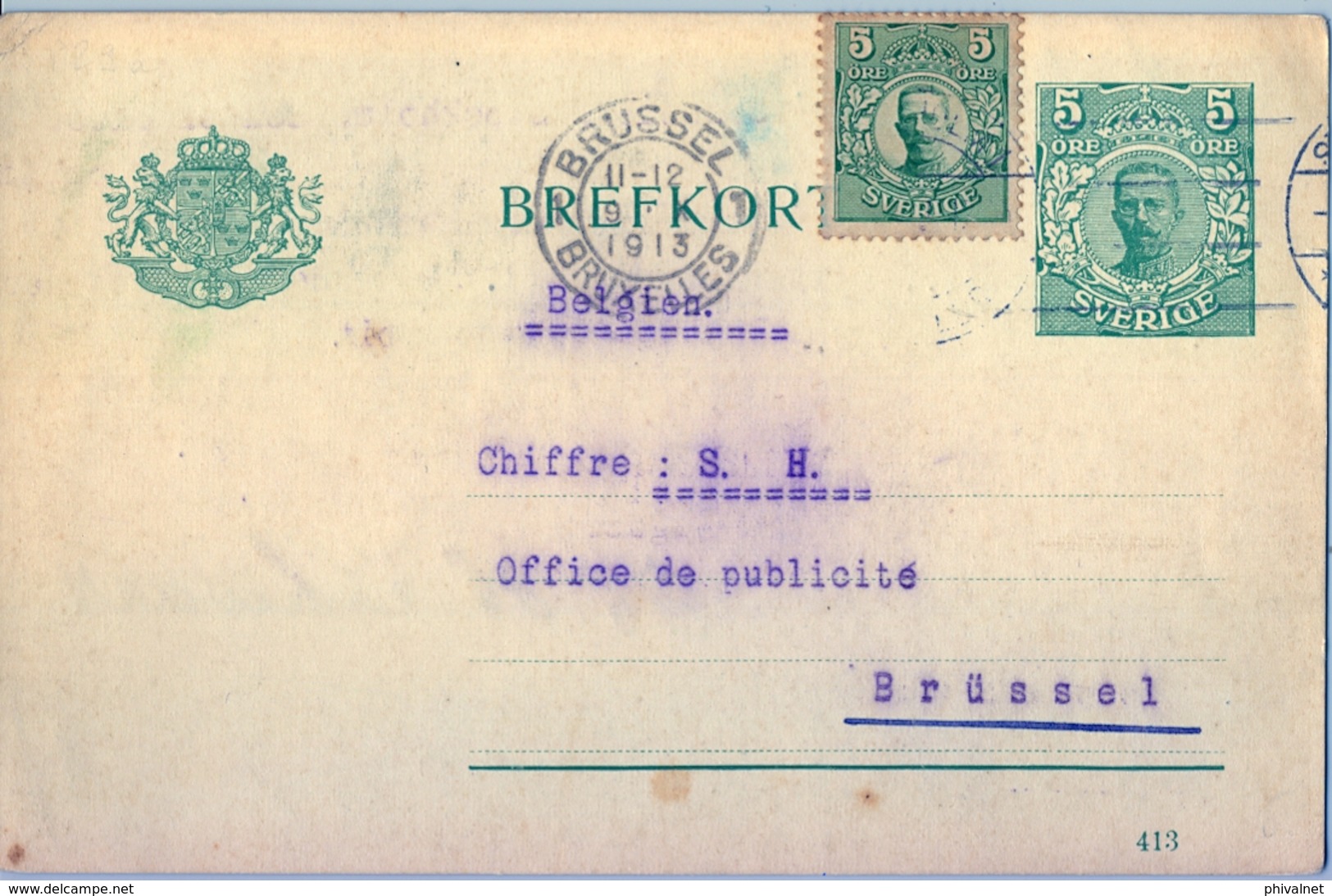 1913 , SUECIA , ENTERO POSTAL CIRCULADO , ESTOCOLMO - BRUSELAS , LLEGADA - Enteros Postales